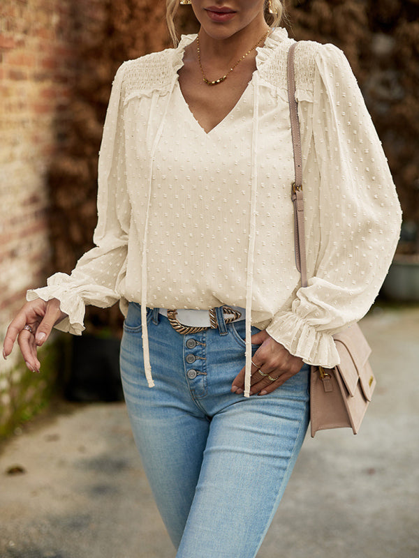 Levoire | Tempérament et élégant haut blouse à manches longues V encolure nouée Cracker khaki