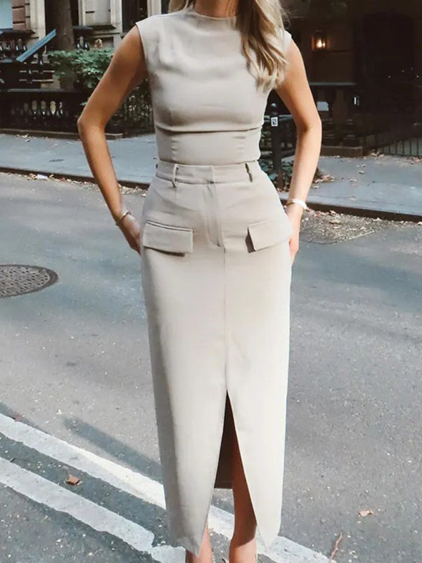 Levoire | Nouvelle Col Ronde Étroite Sans Manches Top + Pantalon Tåkete grise