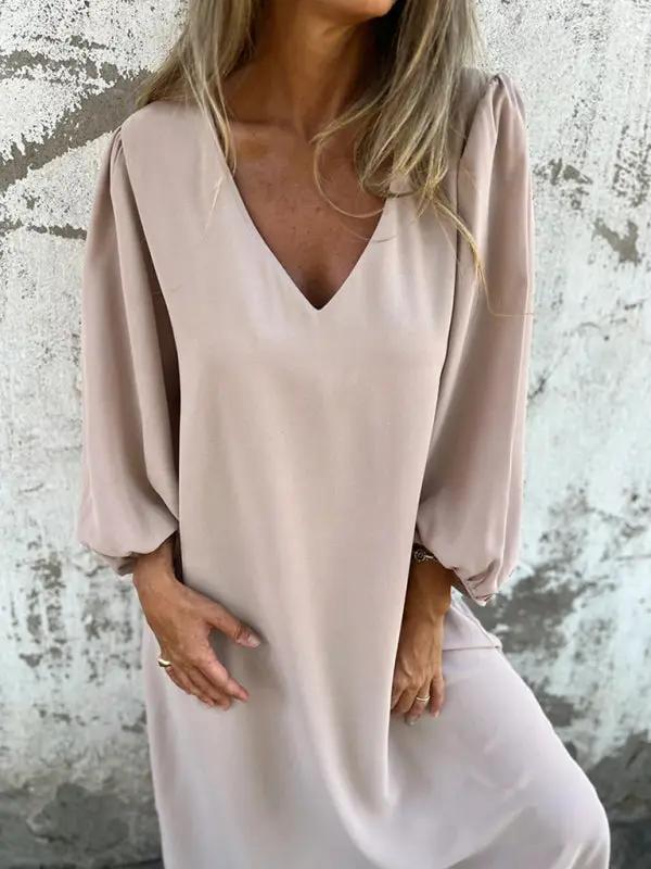 Levoire | Robe femme décontractée unie à col en V avec des manches ballon Cracker khaki