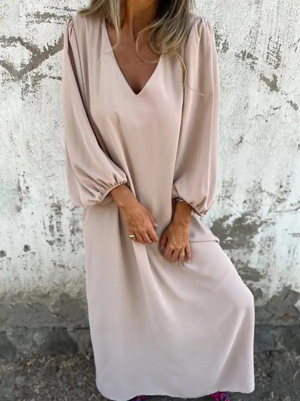 Levoire | Robe femme décontractée unie à col en V avec des manches ballon