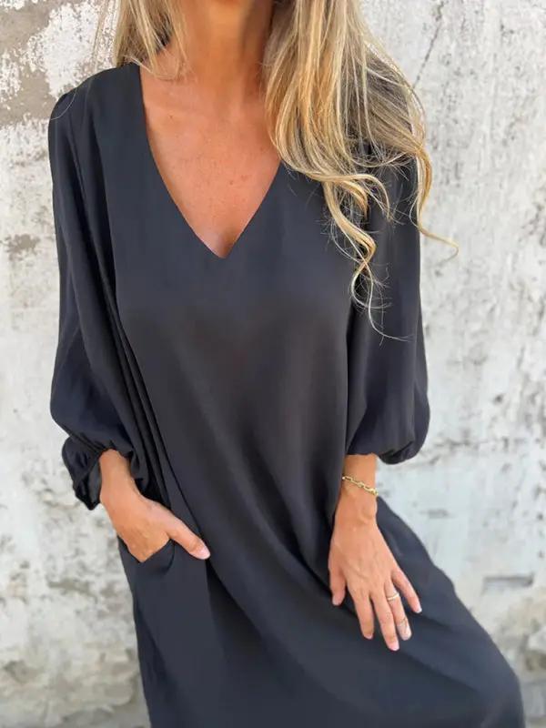 Levoire | Robe femme décontractée unie à col en V avec des manches ballon Noir
