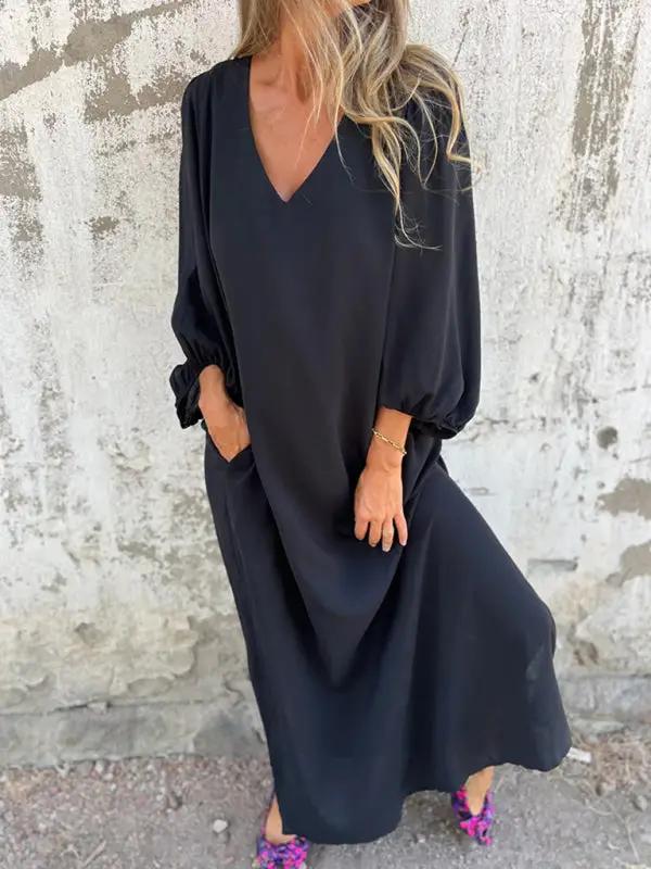 Levoire | Robe femme décontractée unie à col en V avec des manches ballon