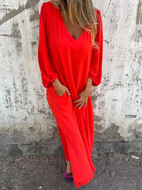 Levoire | Robe femme décontractée unie à col en V avec des manches ballon