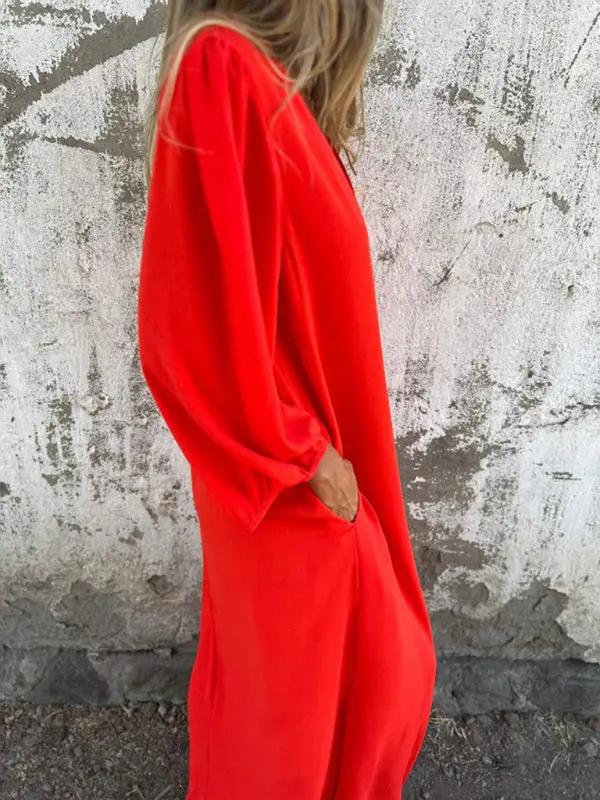 Levoire | Robe femme décontractée unie à col en V avec des manches ballon