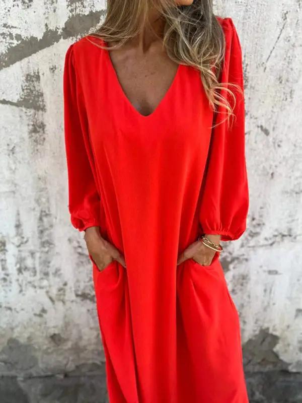 Levoire | Robe femme décontractée unie à col en V avec des manches ballon Orange Rouge