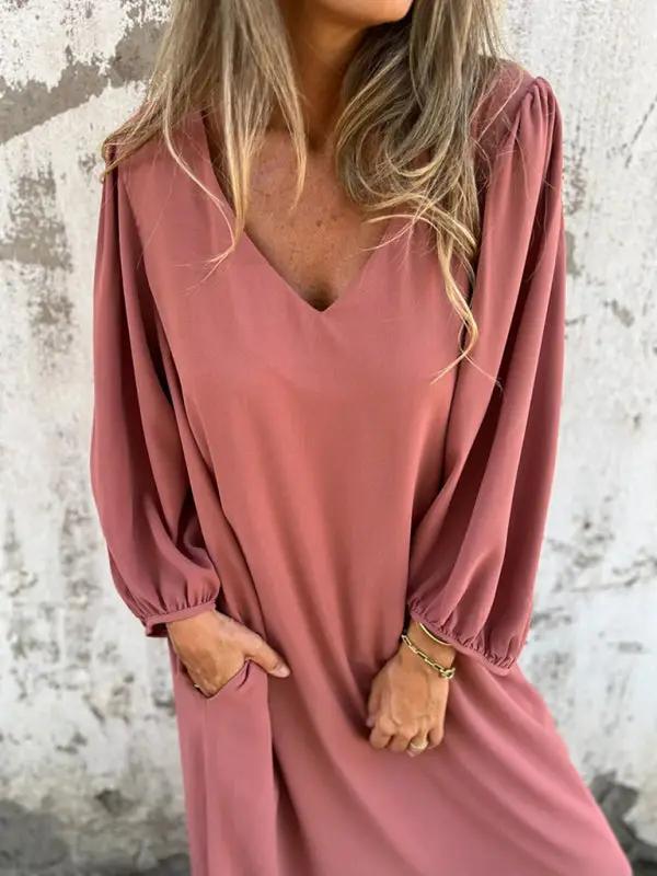 Levoire | Robe femme décontractée unie à col en V avec des manches ballon Rosa