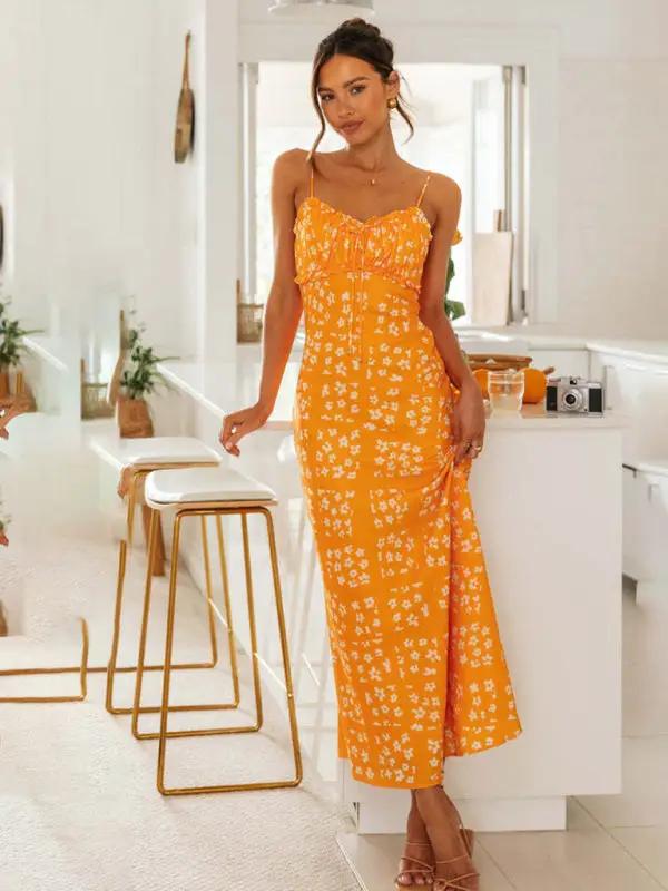 Levoire | Nouvelle robe longue sans manches sexy slim fit à col en V imprimé dans le dos pour le printemps et l'été Orange