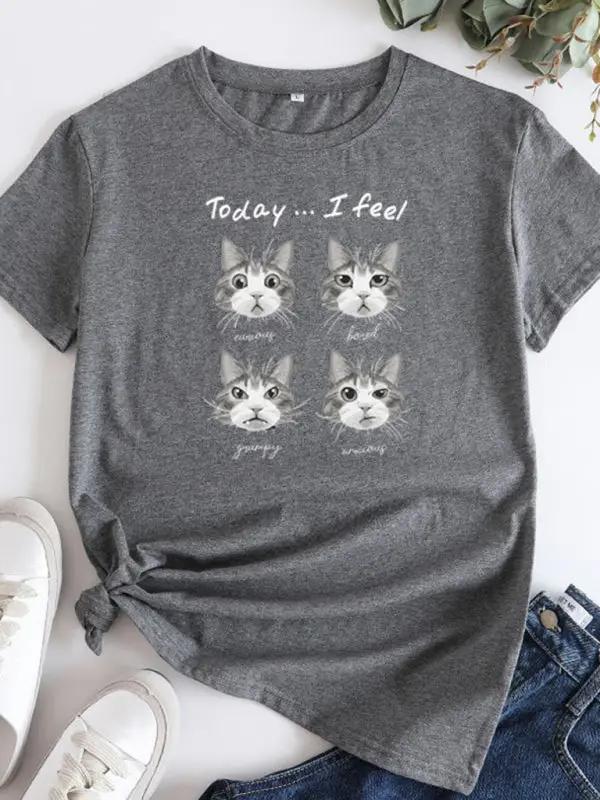 Levoire | Nouveau motif de chat Col rond T-shirt à manches courtes Gris anthracite