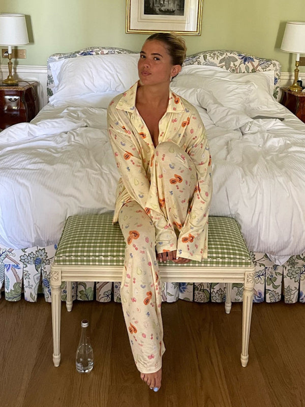 Levoire | Nouvelles pyjamas imprimées à manches longues, pantalons à fente inégale, combinaison ample, service à domicile