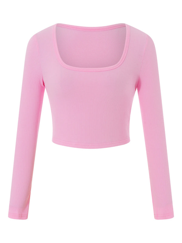 Levoire | Nouveau haut slim-fit à manches longues col rond pour femme ultra court qui arrive au-dessus du nombril Rosa