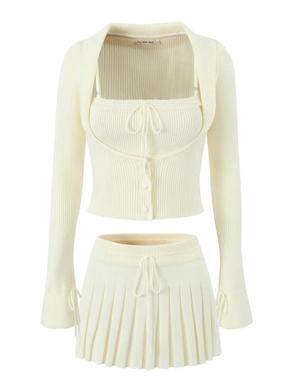 Levoire | Pour Femmes Nouvelle Veste Longue à Manches Inversée + Sangles Coordonnées par Couleur + Jupe Plissée Crème