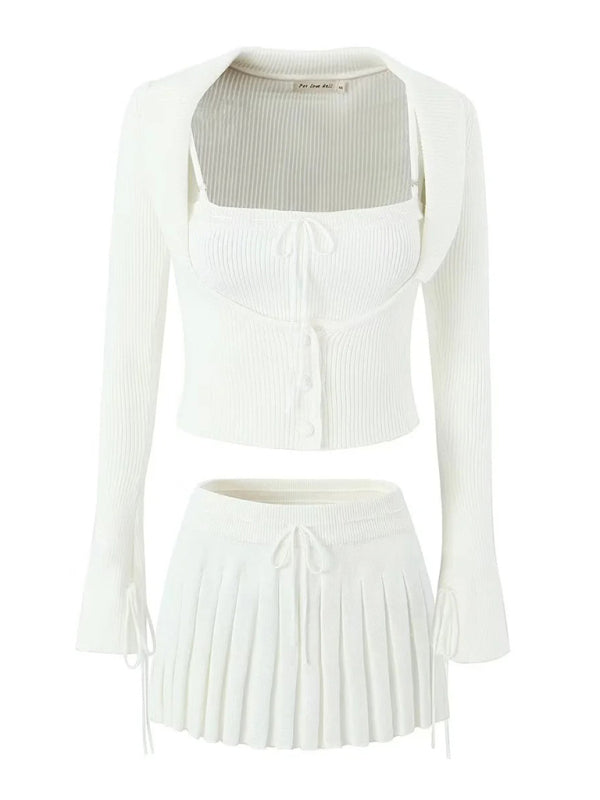 Levoire | Pour Femmes Nouvelle Veste Longue à Manches Inversée + Sangles Coordonnées par Couleur + Jupe Plissée Blanc