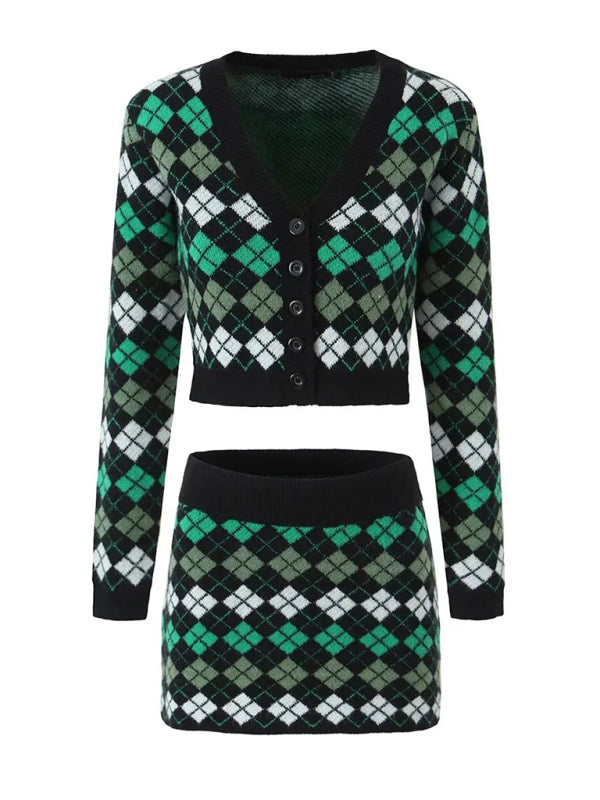 Levoire | Femmes Retro Losange Tricoté V-Cou Simple Boutonné Pull + Ensemble Jupe Vert