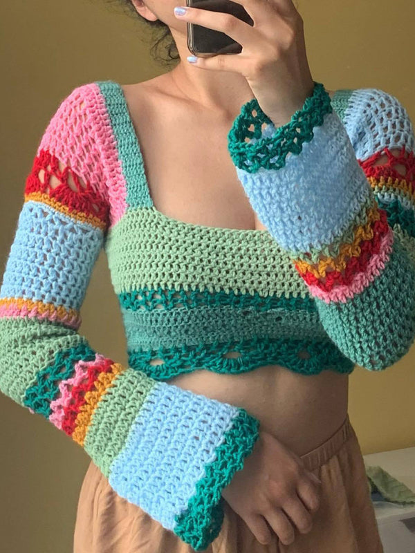 Levoire | Femme nouveau col carré coloré rayé couleur-bloc fait main crocheté manches longues blouse