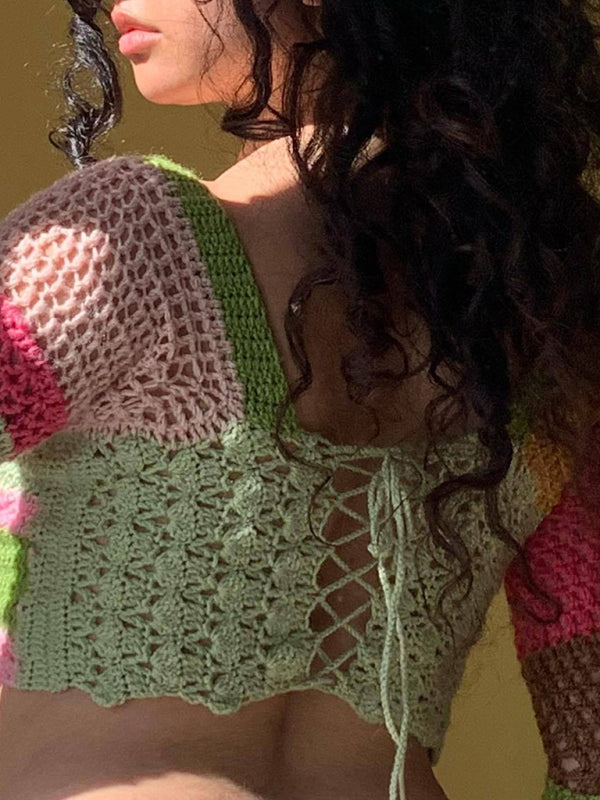 Levoire | Femme nouveau col carré coloré rayé couleur-bloc fait main crocheté manches longues blouse
