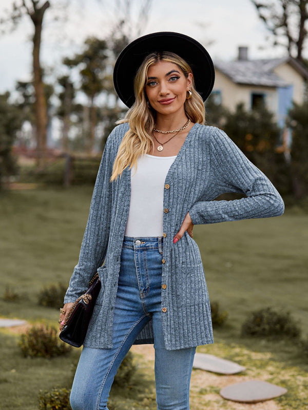 Levoire | Cardigan long à manches longues unie à motif de pois brossé pour femmes Sininen