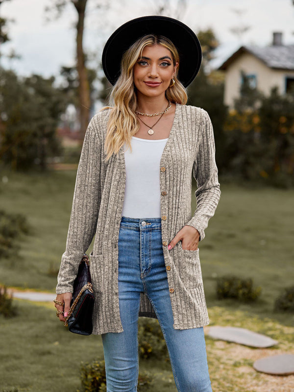 Levoire | Cardigan long à manches longues unie à motif de pois brossé pour femmes Khaki