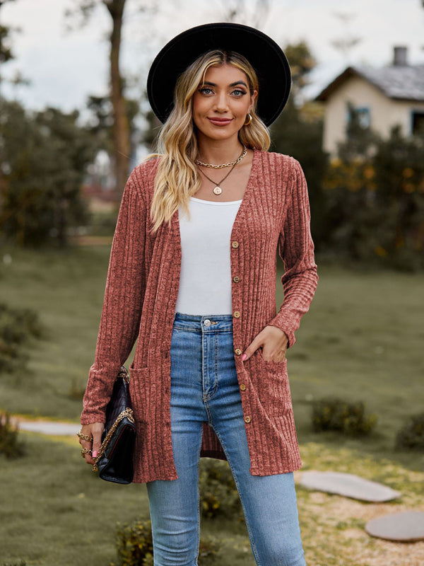 Levoire | Cardigan long à manches longues unie à motif de pois brossé pour femmes Orange Rouge