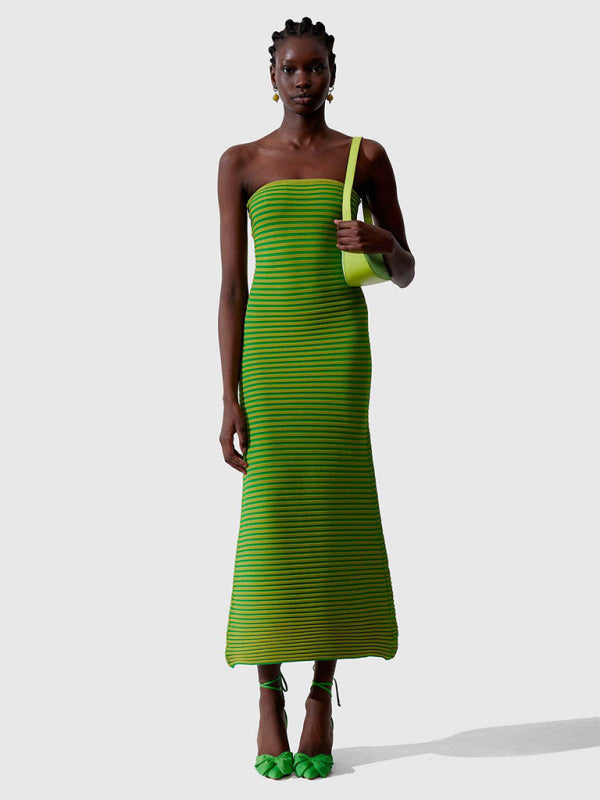Levoire | Col montant long tricot rayé étroit sexy ajustement slim robe de hanches Vert