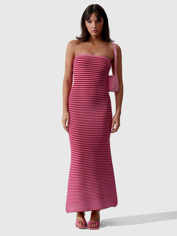 Levoire | Col montant long tricot rayé étroit sexy ajustement slim robe de hanches Rosa