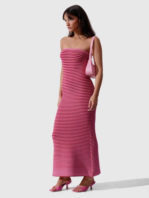 Levoire | Col montant long tricot rayé étroit sexy ajustement slim robe de hanches