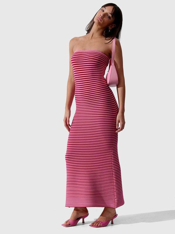 Levoire | Col montant long tricot rayé étroit sexy ajustement slim robe de hanches