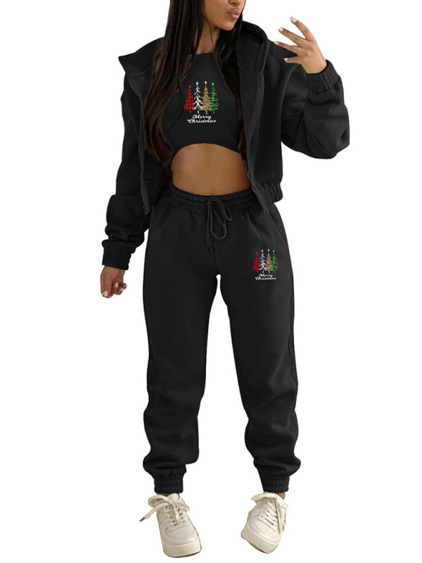Levoire | Nouveau hoodie en polaire avec imprimé de sapin de Noël, vêtement de sport et de loisirs (trois pièces)