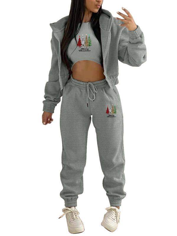 Levoire | Nouveau hoodie en polaire avec imprimé de sapin de Noël, vêtement de sport et de loisirs (trois pièces)