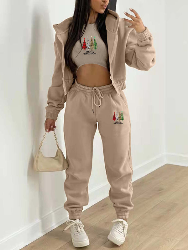Levoire | Nouveau hoodie en polaire avec imprimé de sapin de Noël, vêtement de sport et de loisirs (trois pièces) Kaki
