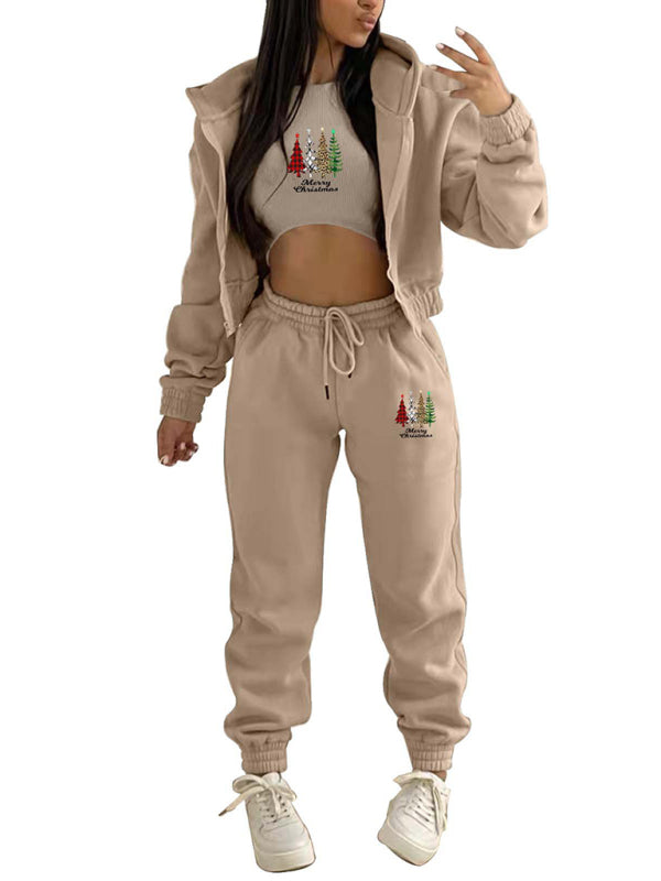 Levoire | Nouveau hoodie en polaire avec imprimé de sapin de Noël, vêtement de sport et de loisirs (trois pièces)