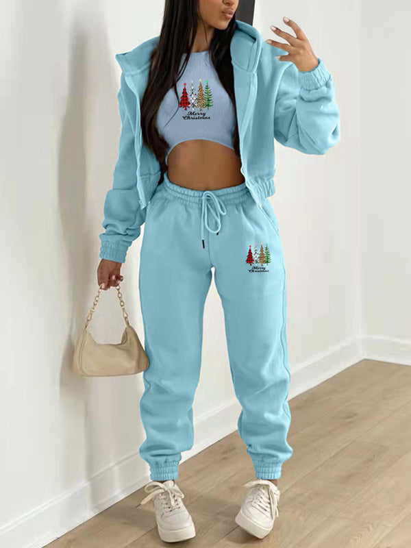 Levoire | Nouveau hoodie en polaire avec imprimé de sapin de Noël, vêtement de sport et de loisirs (trois pièces) Bleu sûr