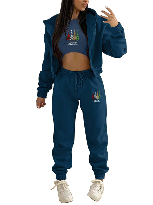 Levoire | Nouveau hoodie en polaire avec imprimé de sapin de Noël, vêtement de sport et de loisirs (trois pièces)