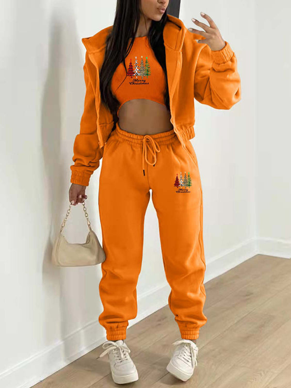 Levoire | Nouveau hoodie en polaire avec imprimé de sapin de Noël, vêtement de sport et de loisirs (trois pièces) Orange