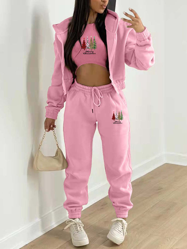 Levoire | Nouveau hoodie en polaire avec imprimé de sapin de Noël, vêtement de sport et de loisirs (trois pièces) Rosa