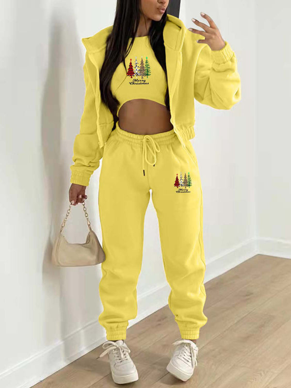Levoire | Nouveau hoodie en polaire avec imprimé de sapin de Noël, vêtement de sport et de loisirs (trois pièces) Jaune