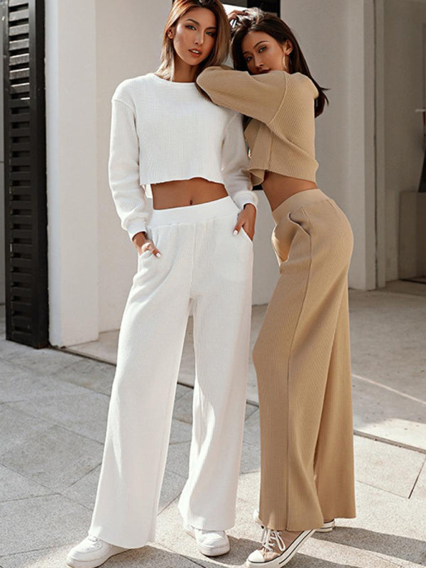 Levoire | Femmes ensemble deux pièces Col rond Manches longues Pantalons larges Blanc