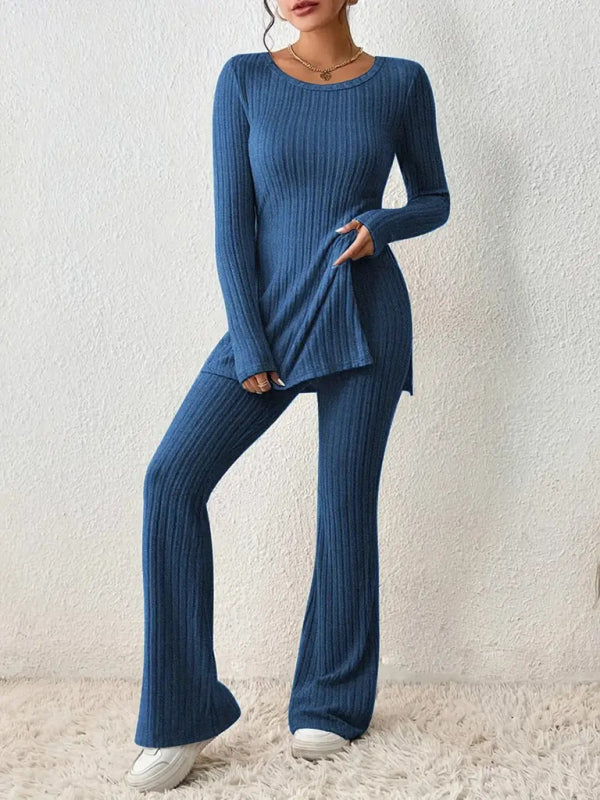 Levoire | Pour femmes ensemble décontracté mince à côté extensible en tricot à deux pièces Bleu