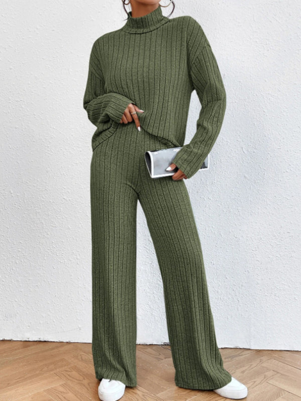Levoire | Magnifique haut col tricoté ensemble à manches longues pour femmes à deux pièces Vert