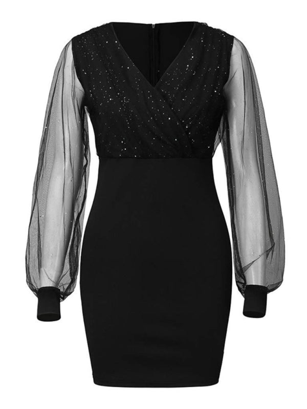 Levoire | Robe à manches longues à encolure en V en sequins slim pour femmes