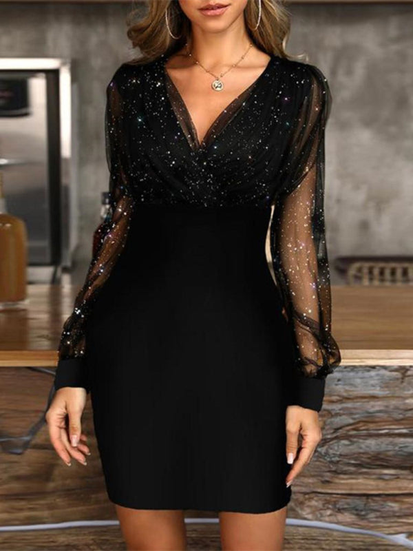 Levoire | Robe à manches longues à encolure en V en sequins slim pour femmes Musta