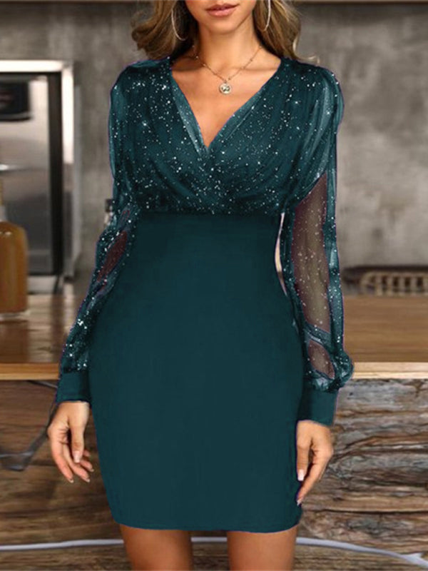Levoire | Robe à manches longues à encolure en V en sequins slim pour femmes Sikkerbleu