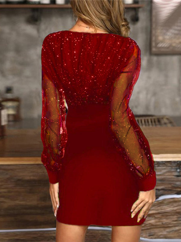 Levoire | Robe à manches longues à encolure en V en sequins slim pour femmes
