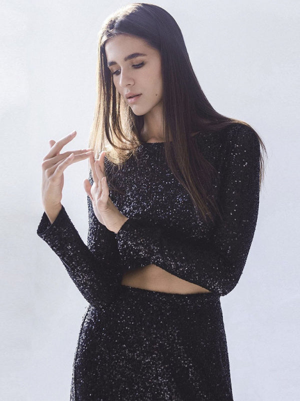 Levoire | Nouvelle femme Haut à manches longues Jupe longue Combinaison à sequins Musta