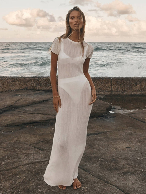 Levoire | Nouvelle robe tricotée ample à rayures avec encolure ronde et taille cintrée transparente féminine. Blanc