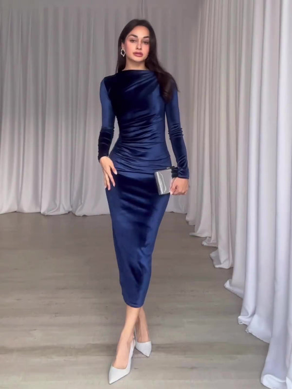 Levoire | Nouvel accessoire de mode Ajusté Slim Fit Plissé Col rond à manches longues robe