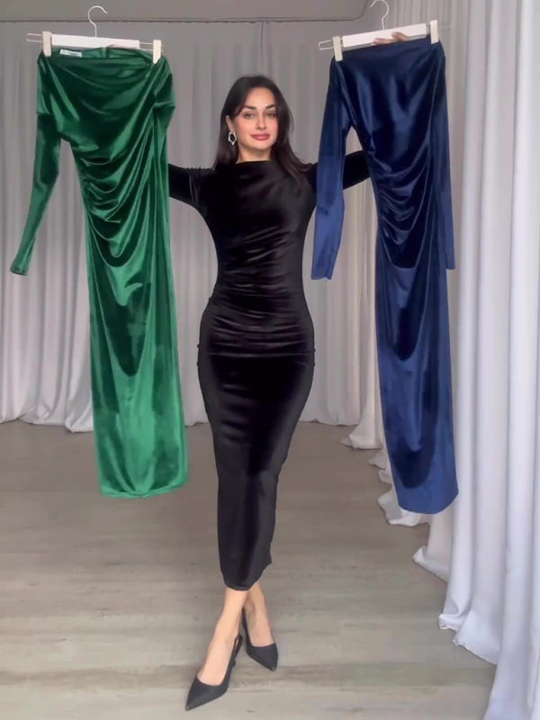 Levoire | Nouvel accessoire de mode Ajusté Slim Fit Plissé Col rond à manches longues robe
