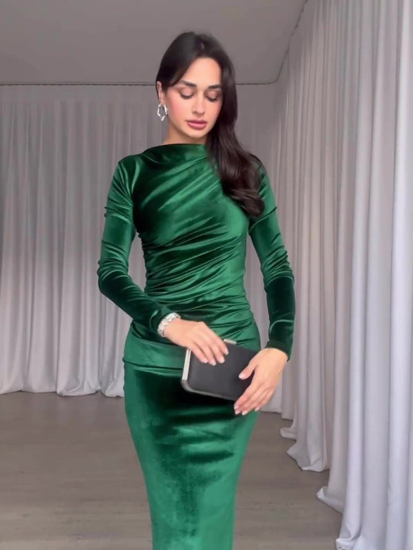 Levoire | Nouvel accessoire de mode Ajusté Slim Fit Plissé Col rond à manches longues robe