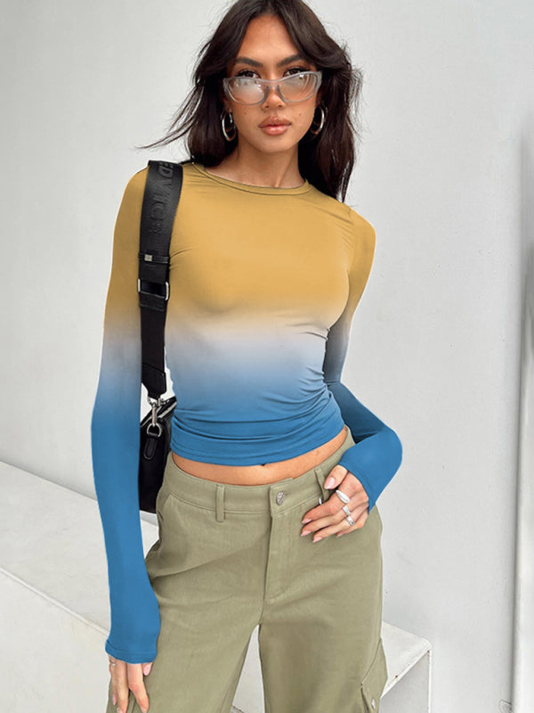 Levoire | Impression numérique dégradé de couleur Col rond t-shirt de base à manches longues Motif4