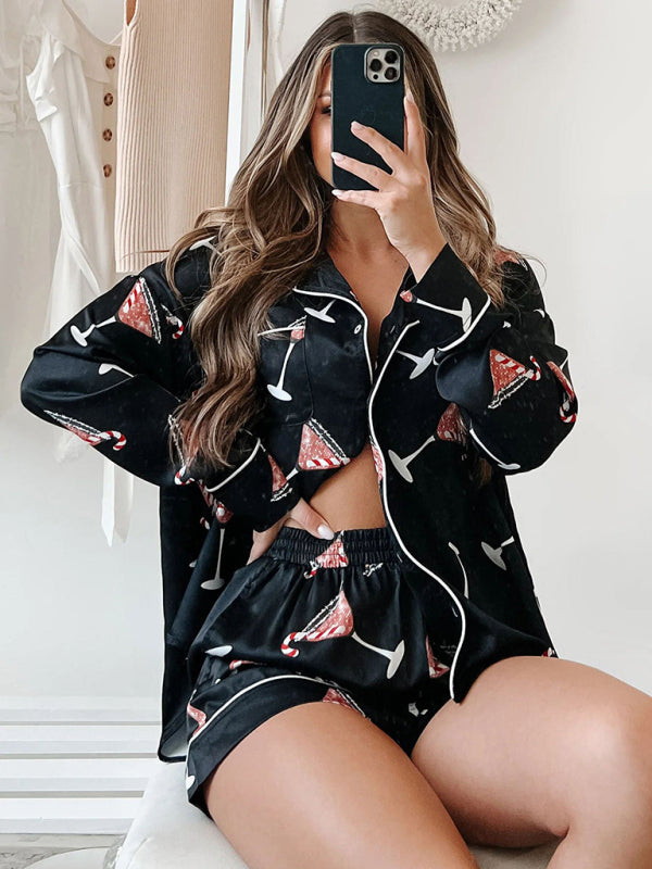 Levoire | Femmes Nouveau Satin Carreaux Imprimé Noël Homme Loisirs Shorts Manches Longues Vêtements D'intérieur Costume de Pyjama Ensemble