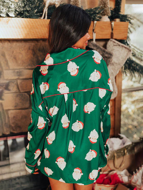 Levoire | Femmes Nouveau Satin Carreaux Imprimé Noël Homme Loisirs Shorts Manches Longues Vêtements D'intérieur Costume de Pyjama Ensemble